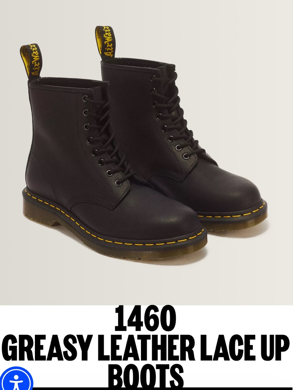 Dr. Martens Black Leather 8-Eye Lace-Up Boots with Yellow Stitching